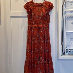 Ann Taylor Floral Metallic Shimmer Flutter Sleeve Maxi Dress Size 2P